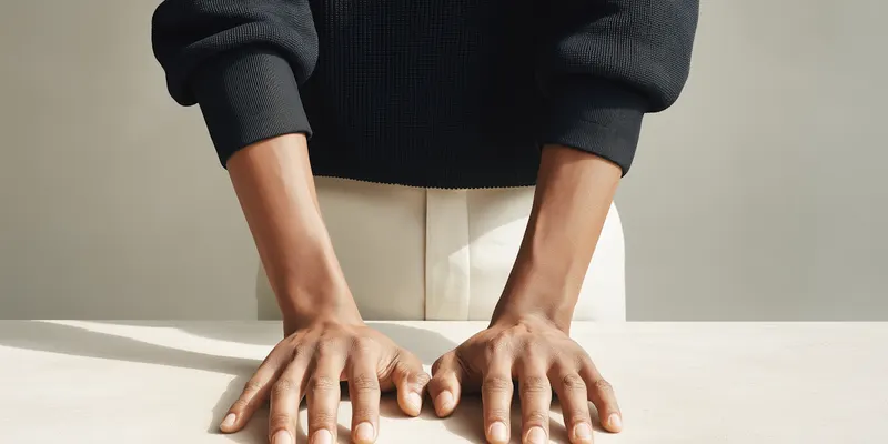 Hands resting on a sunlit kitchen counter