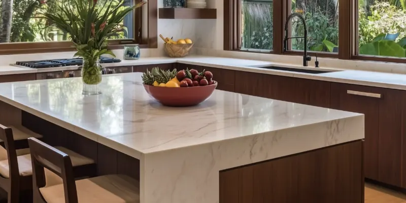 A calm, tidy kitchen island in evening light